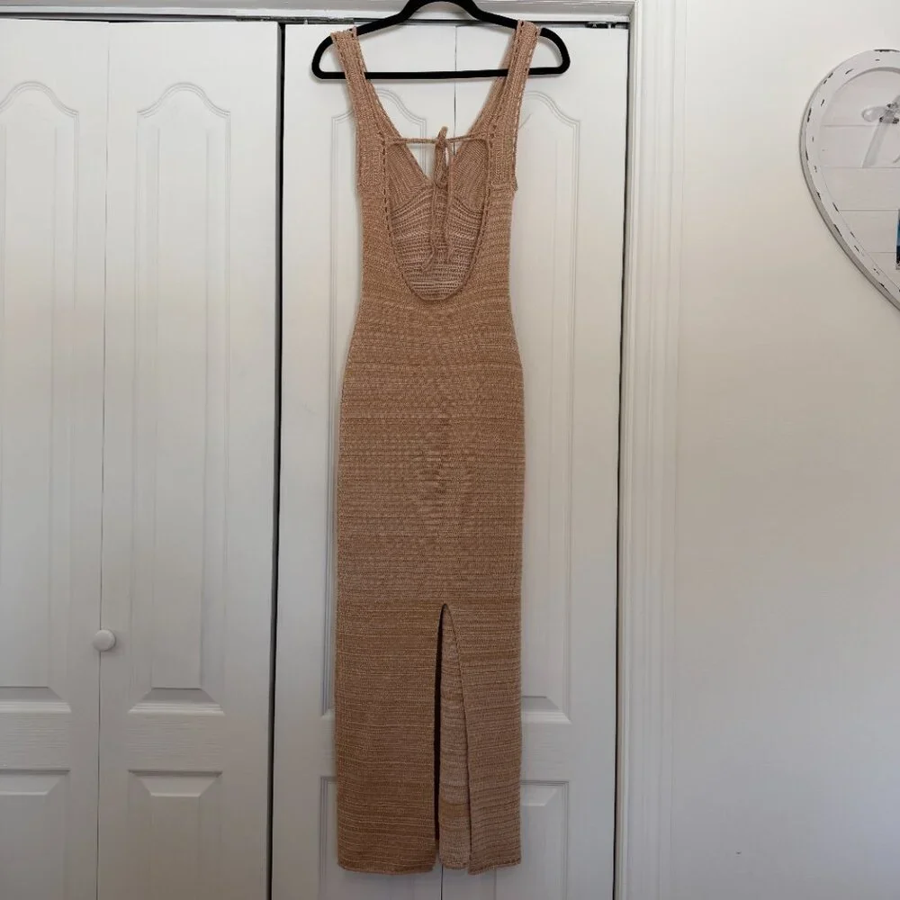 Beige Crochet Knit Backless Maxi Dress - Picture 2 of 8